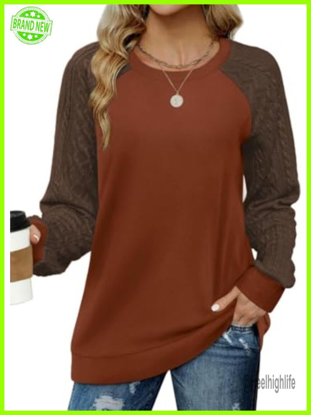 Crewneck Sweatshirt Cable Knit Long Sleeve Pullover Women's Fall Winter
